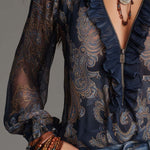 Navy Baroque Paisley Ruffle Zip Chiffon Blouse