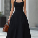 Black Halter Neck Fit-and-Flare Midi Dress