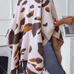 Fashionable Leopard Print Contrast Tassel Hem Loose Knitted Shawl