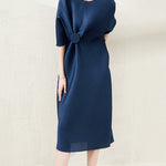 Stylish Irregularity Loose Pleated Solid Color Round-Neck Midi Dresses