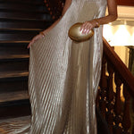 V Neck Strapless Pleated Maxi Party Dress