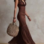 Vintage Satin Maxi Dress With Chiffon Ruffle Hem