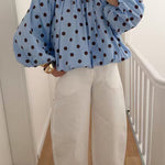Lantern Long Sleeves Bow Back Slit Polka Dot Top