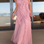 Margovil Strappy Halter Neck Ruffle Trim Asymmetric Hem Pleated Maxi Dress