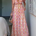 V Neck Short Sleeves Backless Printed Maxi Dress