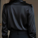 Black Satin Ruffled V-Neck Long Sleeve Blouse