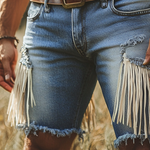 Men's Summer Western Cowboy Style Tassel Denim Shorts