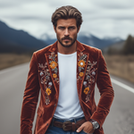 Men's Classic Retro Slim Fit Single Breasted Faux Velvet Embroidered Blazer