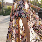 Boat Neck Floral Print High Low Hem Maxi Dress