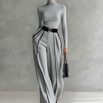Women's White Trimmed Turtleneck Long Sleeve Top Wide Leg Pants Belt Two-Piece Set