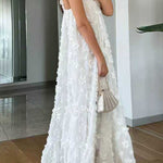 Margovil V Neck Sleeveless Flower Applique Ruffle Maxi Dress