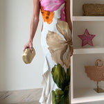 One Shoulder Side Draped Ruffle Slit Floral Print Maxi Dress