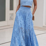 Margo Lace Hollow Out Crewneck Crop Tank Top High Waist Maxi Swing Skirt Set