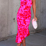 Margovil Cross Halter Backless Printed Irregular Ruffle Dress