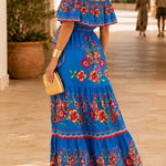 Margovil Off Shoulder Bow Waist Floral Print Ruffle Maxi Dress