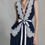 Women's Elegant Navy Blue Milk Silk Lace-paneled Wide-leg Pants Set