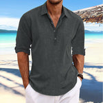Men's Casual Solid Color Pullover Lapel Roll-Up Cotton and Linen Sleeve Long Sleeve Shirt