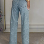 High Waisted Diamanté Straight Leg Jeans
