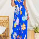 Spaghetti Strap Tie Knot Front Printed Wide Leg Jumpsuit