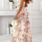 Strapless Floral Print Ruffle Layered Maxi Dress