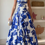 Strapless Ruched Bodice Full Skirt Floral Print Maxi Dress