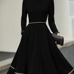 Long Sleeve Contrast Trim Midi Dress With Flared Skirt