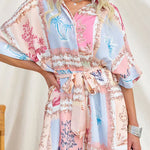 Half Sleeves Button Up Bow Waist Printed Romper