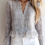 Stylish V-neck Button Down Long Sleeve Lace Shirt