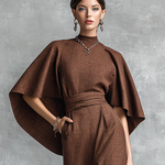 Women's Vintage-style Brown Cotton And Linen Cape-sleeved Dress