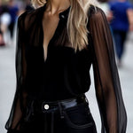 Chic Crew Neck Sheer Sleeves Button Down Shirt