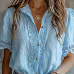 Margovil Lapel Short Sleeves Button Up Lace Trim Top