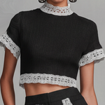Women's Vintage Black Cotton And Linen Blend Wide-leg Pants Set With Lace Detailing