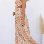 Crewneck Cut Out Waist Floral Print Maxi Dress