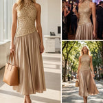 Mockneck Sleeveless Lace Splice Satin Maxi Dress