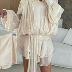 Margovil Lantern Long Sleeves Draped Ruffle Layered Mini Dress with Shorts