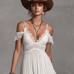 Women's Bohemian Style White Pearl Chiffon Lace Patchwork Off-the-shoulder Long Dress