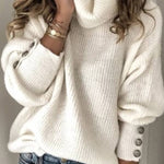 High-neck button-decorated loose knit sweater