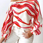 Long Sleeves Loose Asymmetric Striped One-Shoulder Blouses&Shirts Tops