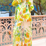 Satin Floral Print Back Elastic Waist Pocketed Wide Leg Pants