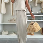 Leva Linen Blend Drawstring Short Sleeve Top and Elastic Waist Pocket Loose Tapered Pants