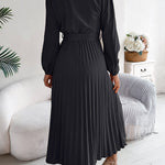 High Waisted Long Sleeves Belted Buttoned Pleated Solid Color V-Neck Maxi Dresses