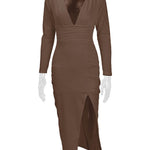 Bodycon Elasticated Waist Pleated Solid Color Split-Joint Split-Side Deep V-Neck Midi Dresses