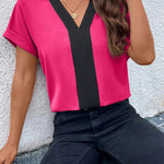 Loose Short Sleeves Contrast Color V-Neck T-Shirts Tops