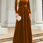 Long Sleeves Wrap Belted Pleated Solid Color Zipper Round-Neck Maxi Dresses