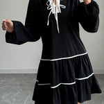 A-Line Long Sleeves Elasticity Pleated Tied V-Neck Mini Dresses