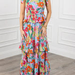 Multicolour Boho Floral Print Knot Strap Ruffle Layered Maxi Dress