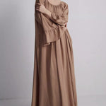 A-Line Flared Sleeves Pleated Solid Color Split-Joint Round-Neck Maxi Dresses