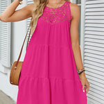 Loose Sleeveless Hollow Pleated Solid Color Split-Joint Round-Neck Mini Dresses