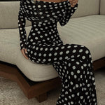 Long Sleeves Skinny Pleated Polka-Dot Split-Joint Tube Maxi Dresses
