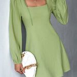 A-Line High Waisted Solid Color Split-Joint Square-Neck Mini Dresses
